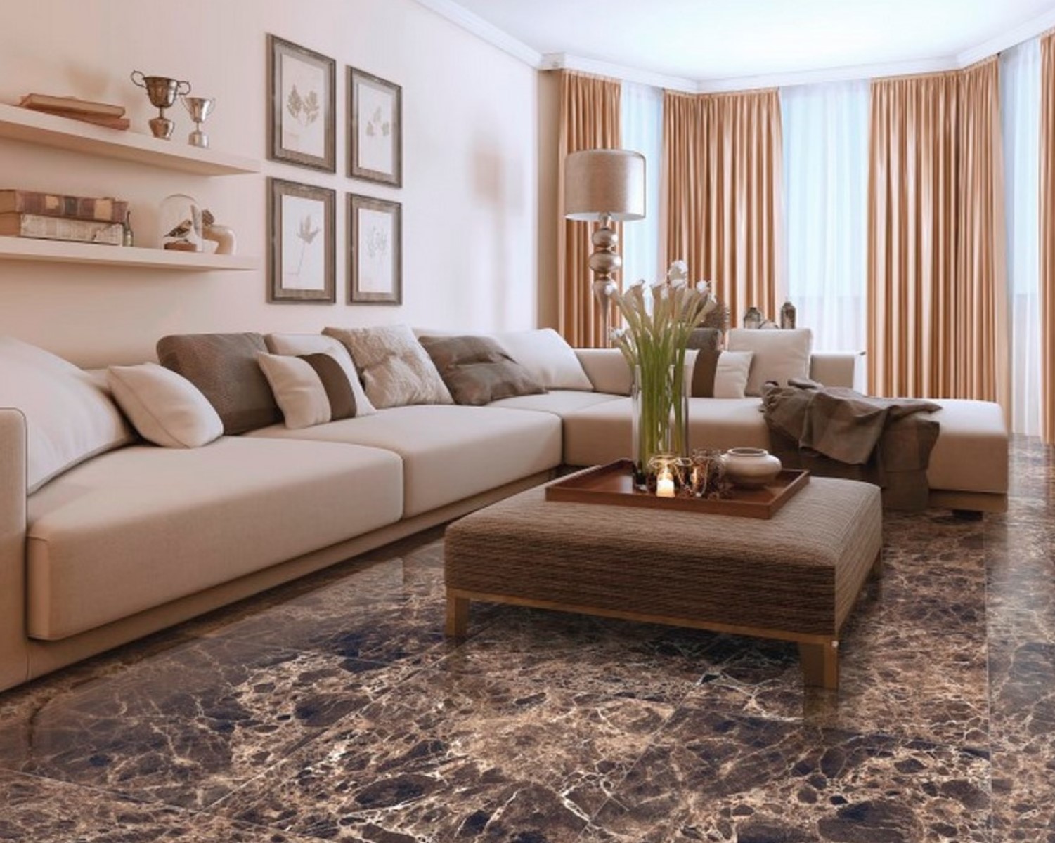 коричневый диван в светлом интерьере фото